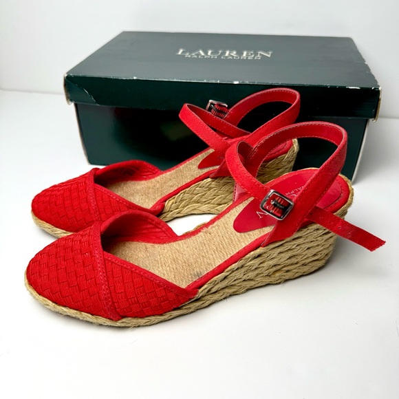 Ralph Lauren Red Capricia Espadrilles Woven Wedges Size 6 - Picture 1 of 7